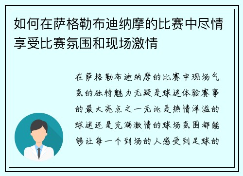 如何在萨格勒布迪纳摩的比赛中尽情享受比赛氛围和现场激情