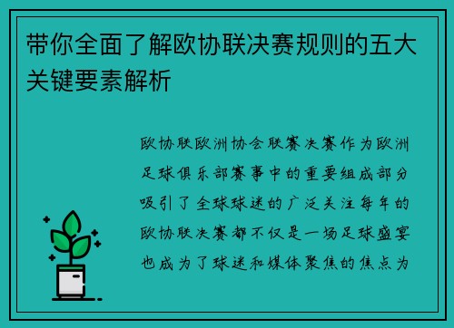 带你全面了解欧协联决赛规则的五大关键要素解析