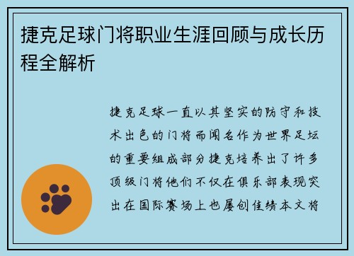 捷克足球门将职业生涯回顾与成长历程全解析