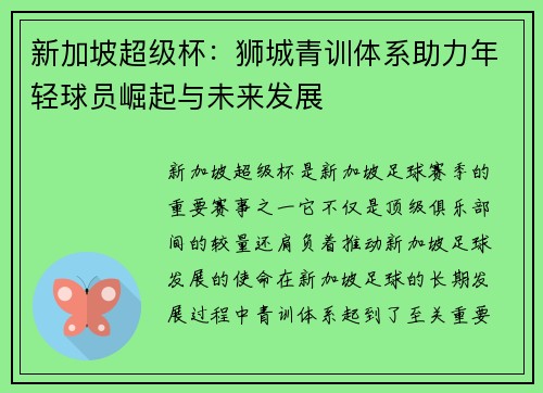 新加坡超级杯：狮城青训体系助力年轻球员崛起与未来发展