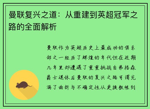曼联复兴之道：从重建到英超冠军之路的全面解析
