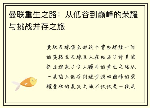 曼联重生之路：从低谷到巅峰的荣耀与挑战并存之旅